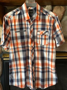 7 Diamonds Orange and Blue Plaid Button Up Short Sleeve Shirt, Size L